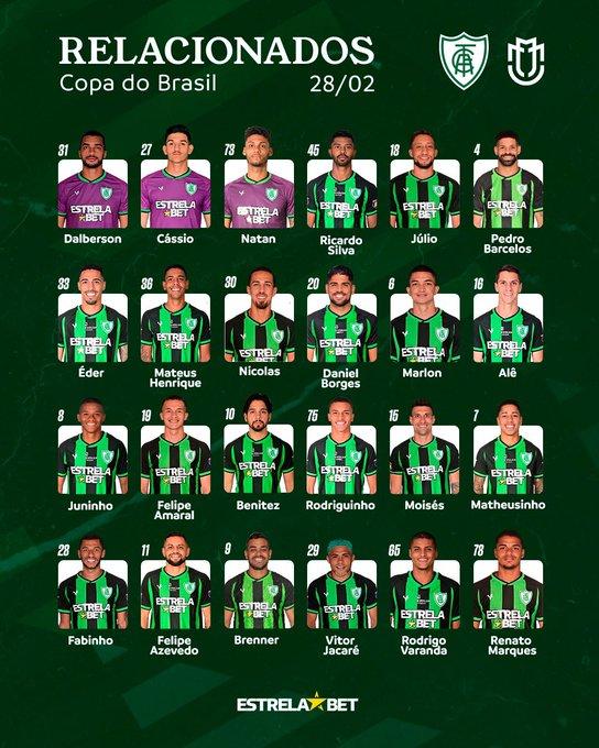 Lista de relacionados do América para o duelo contra o Maringá, na primeira fase da Copa do Brasil (Reprodução/ América FC)