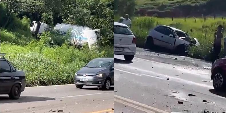 Carreta foi parar fora da pista após ser atingida por um carro de passeio (Redes Sociais/Divulgação)