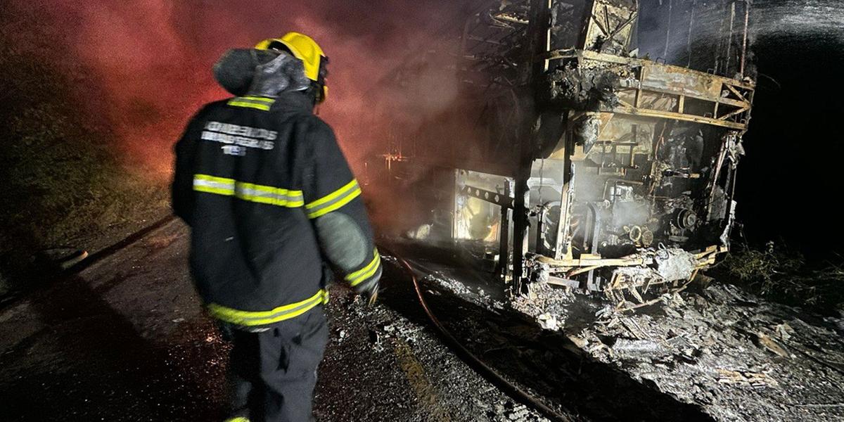 Bombeiros trabalharam para apagar incêndio em carreta carregada de vergalhões de ferro na BR-251 (Divulgação / CBMMG)