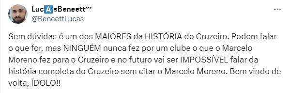 Torcida fala sobre volta de Moreno ao Cruzeiro (Reprodução / Twitter Cruzeiro)