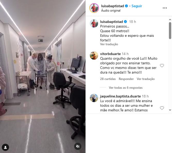 Luisa Baptista mostra primeiros passos após acidente (Reprodução / Instagram Luisa Baptista)