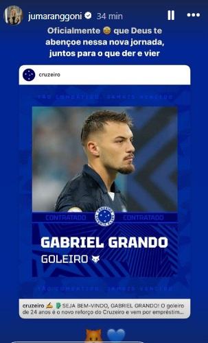 Julia Marangoni deseja sorte a Gabriel Grando no Cruzeiro (Reprodução / Instagram Julia Marangoni)