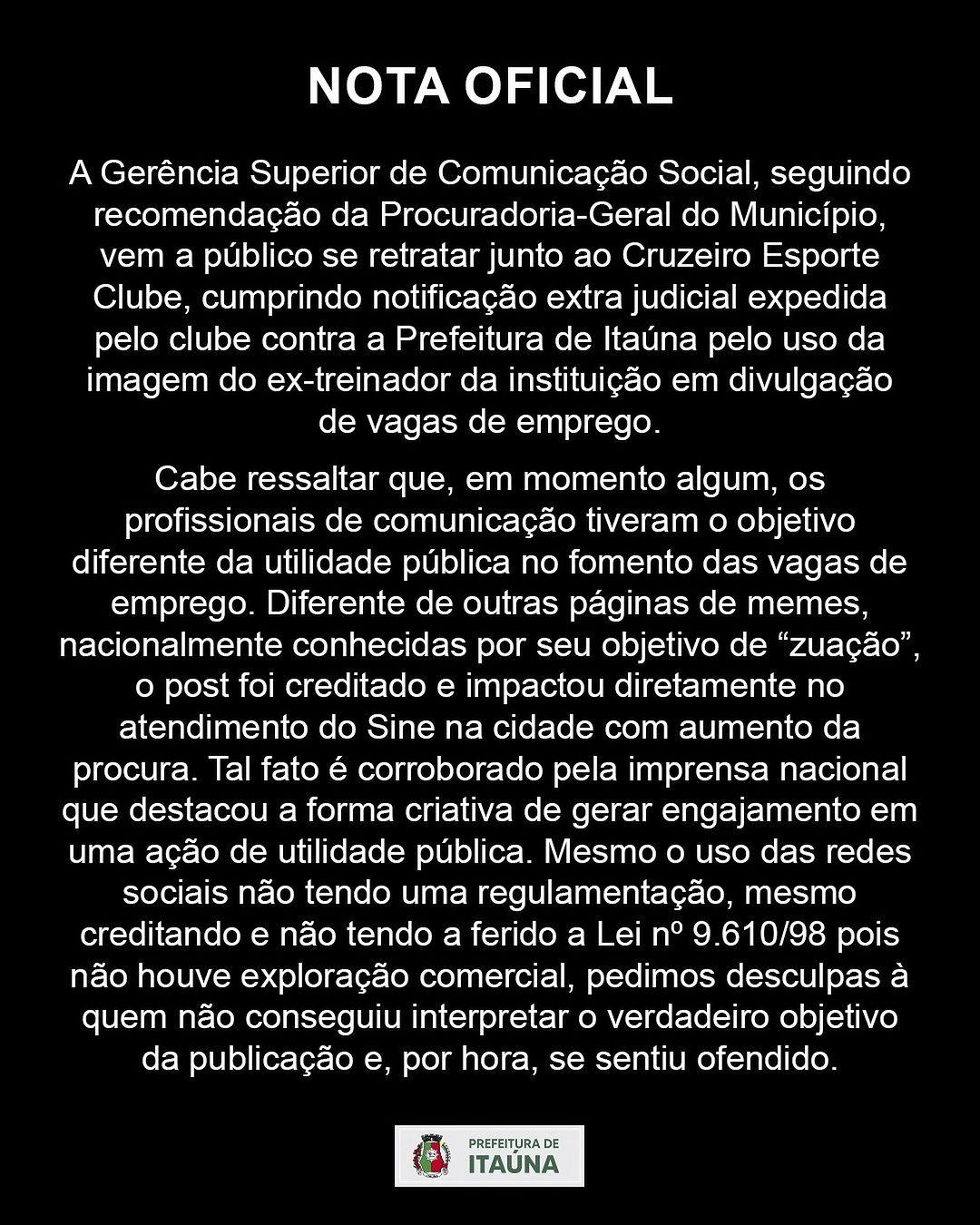 Prefeitura de Itaúna se retrata publicamente junto ao Cruzeiro pelo uso da imagem do ex-treinador Larcamón em anúncio de vagas de emprego (Reprodução/ Instagram Prefeitura de Itaúna)