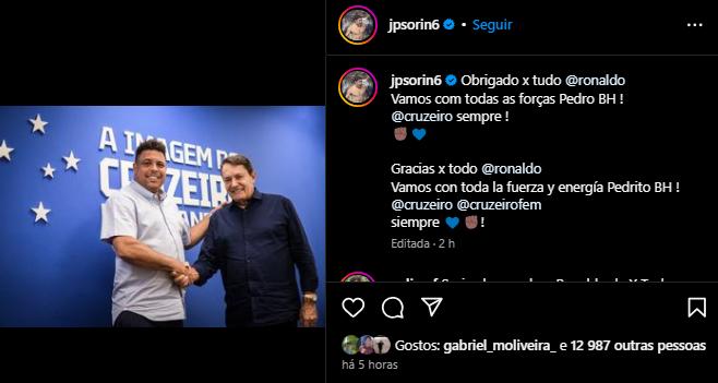 Sorín manda recado para Ronaldo e Pedrinho pelas redes sociais (Reprodução/ Instagram)