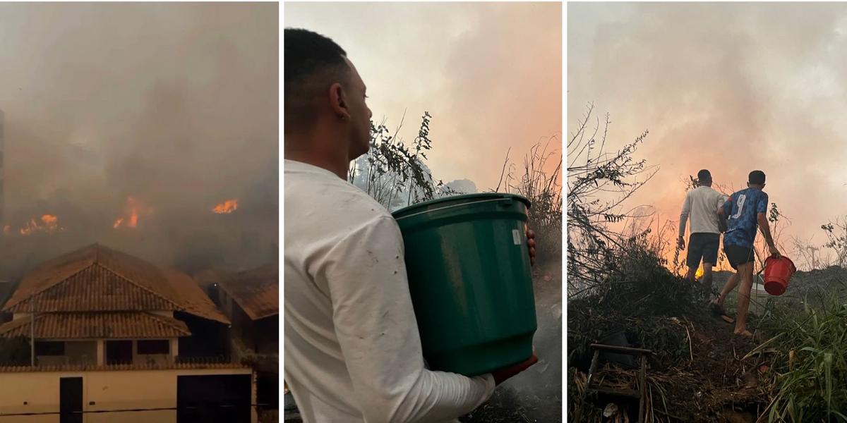 Chamas se alastraram rapidamente, ameaçando casas e um prédio, que ficam na parte mais baixa do bairro Boa Esperança (Renato Fonseca)