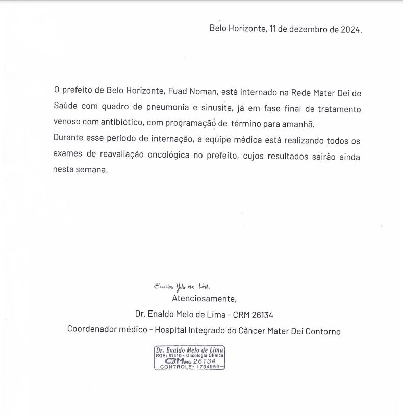 Atualização do tratamento de Fuad Noman feita pelo coordenador médico do Hospital Mater Dei (Divulgação / PBH)