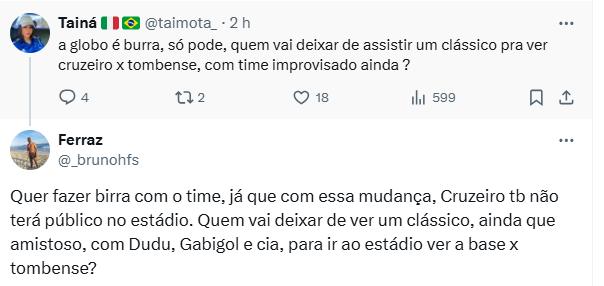 Torcida na bronca com jogos simultâneos do Cruzeiro (Reprodução / X)