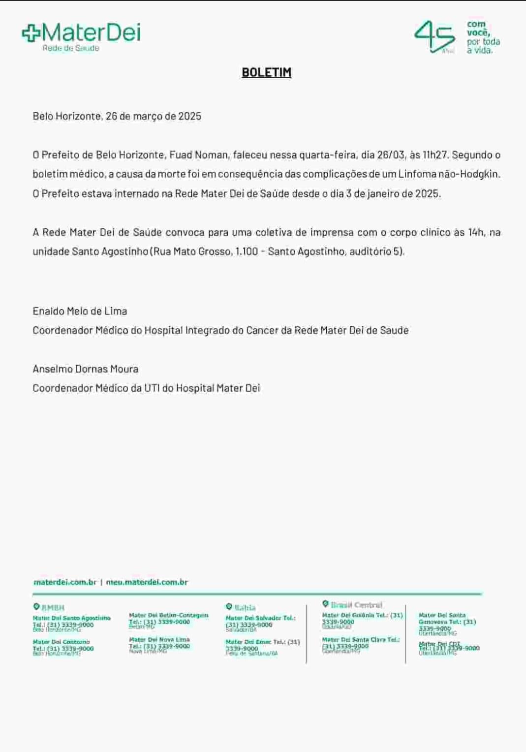 Boletim Médico do falecimento de Fuad Noman (Reprodução: Mater Dei)