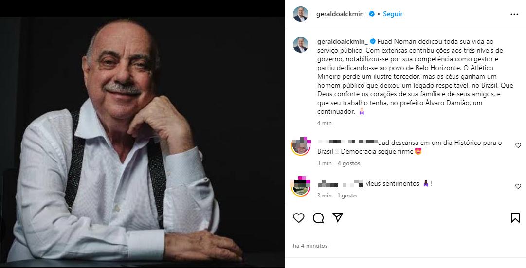 Geraldo Alckmin postou a respeito da morte de Fuad Noman nas redes sociais (Reprodução / Instagram geraldoalckmin)