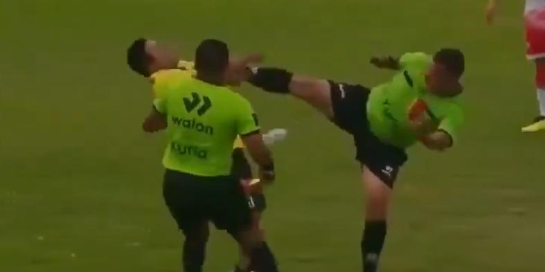 Árbitro atinge homem que invadiu o campo com um golpe de Karatê (Reprodução /  X Paralytics Perú (@perulytics))
