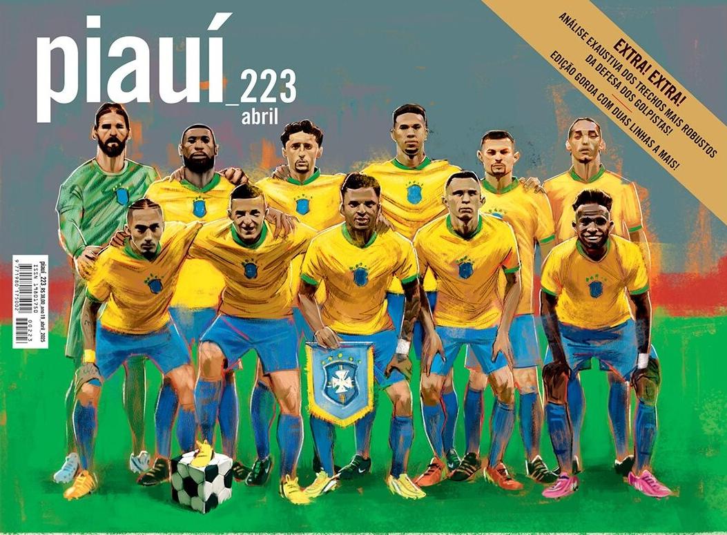 Capa da Revista Piauí que mostra o jogador Guilherme Arana com a bola quadrada (Foto: Reprodução/Revista Piauí, arte de Vito Quintans)