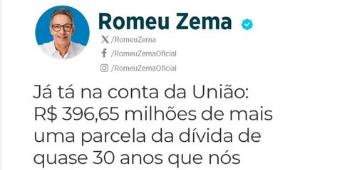 Postagem do governador Romeu Zema informando o pagamento de mais uma parcela da dívida com a União (Reprodução/ Instagram)