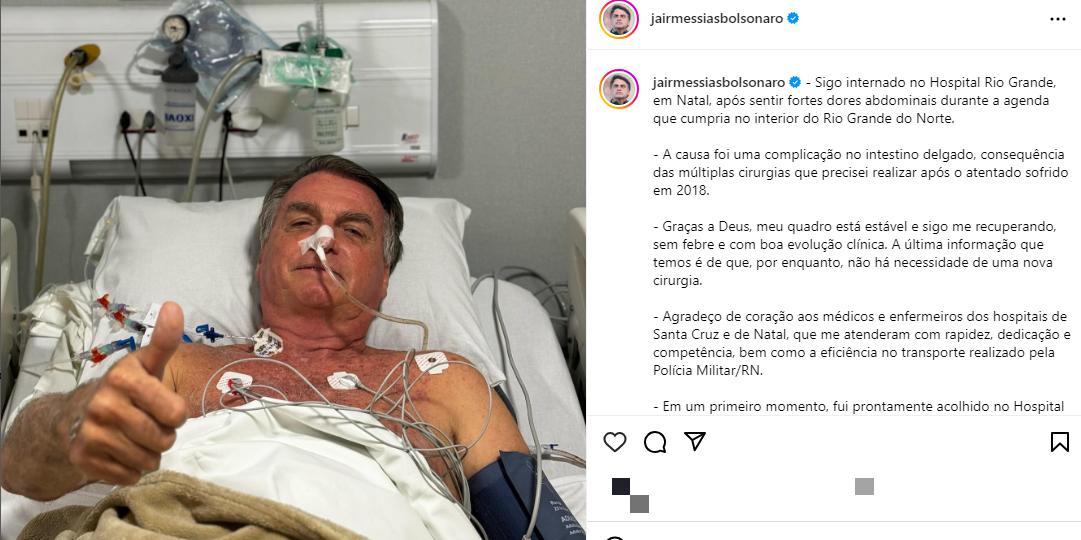 Bolsonaro atualizou o próprio quadro clínico com uma postagem no Instagram (Reprodução / Instagram Jair Bolsonaro)