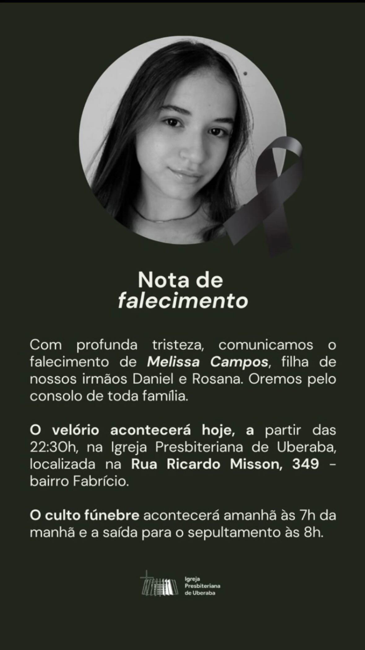 Velório da jovem Melissa Campos ocorreu na noite de quinta-feira (8) (Reprodução/ Redes Sociais)
