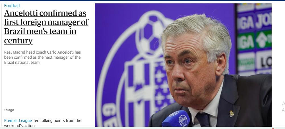 The Guardian repercute acerto de Ancelotti com o Brasil (Reprodução / The Guardian)