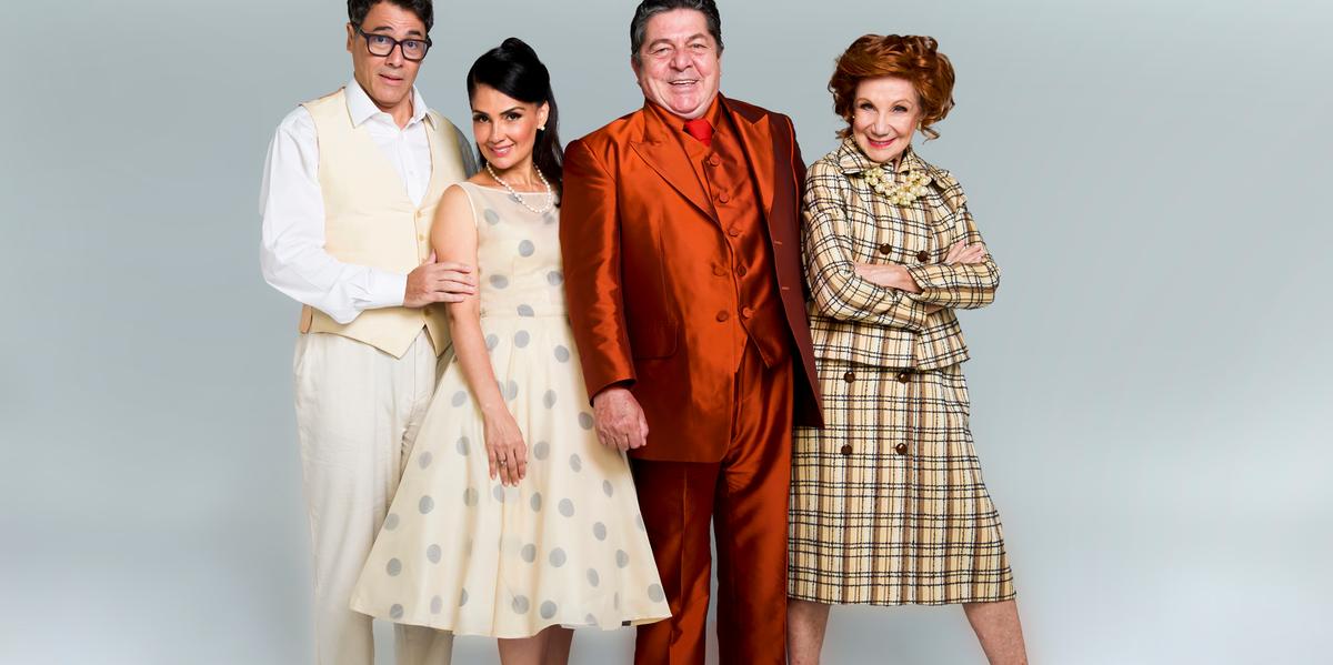 Stepan Nercessian é Chatô, Claudio Lins interpreta Fabiano; elenco ainda tem Patrícia França como Juliana e Sylvia Massari no papel da secretária do comunicador (André Wanderley / divulgação)