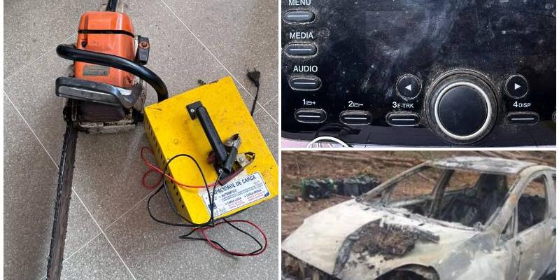 Foram apreendidos o aparelho de mídia do veículo, uma roçadeira, uma motosserra e um carregador de bateria automotiva; policiais também apreenderam o carro utilizado para cometer o crime (PCMG / divulgação)
