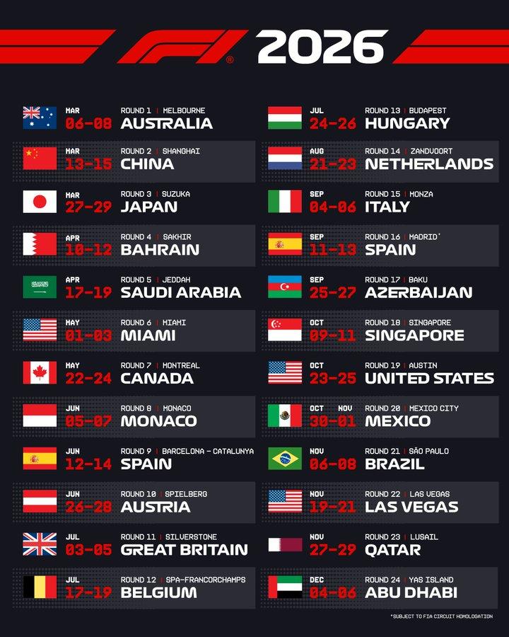 F1 divulga calendário da temporada 2026 (Divulgação / F1)