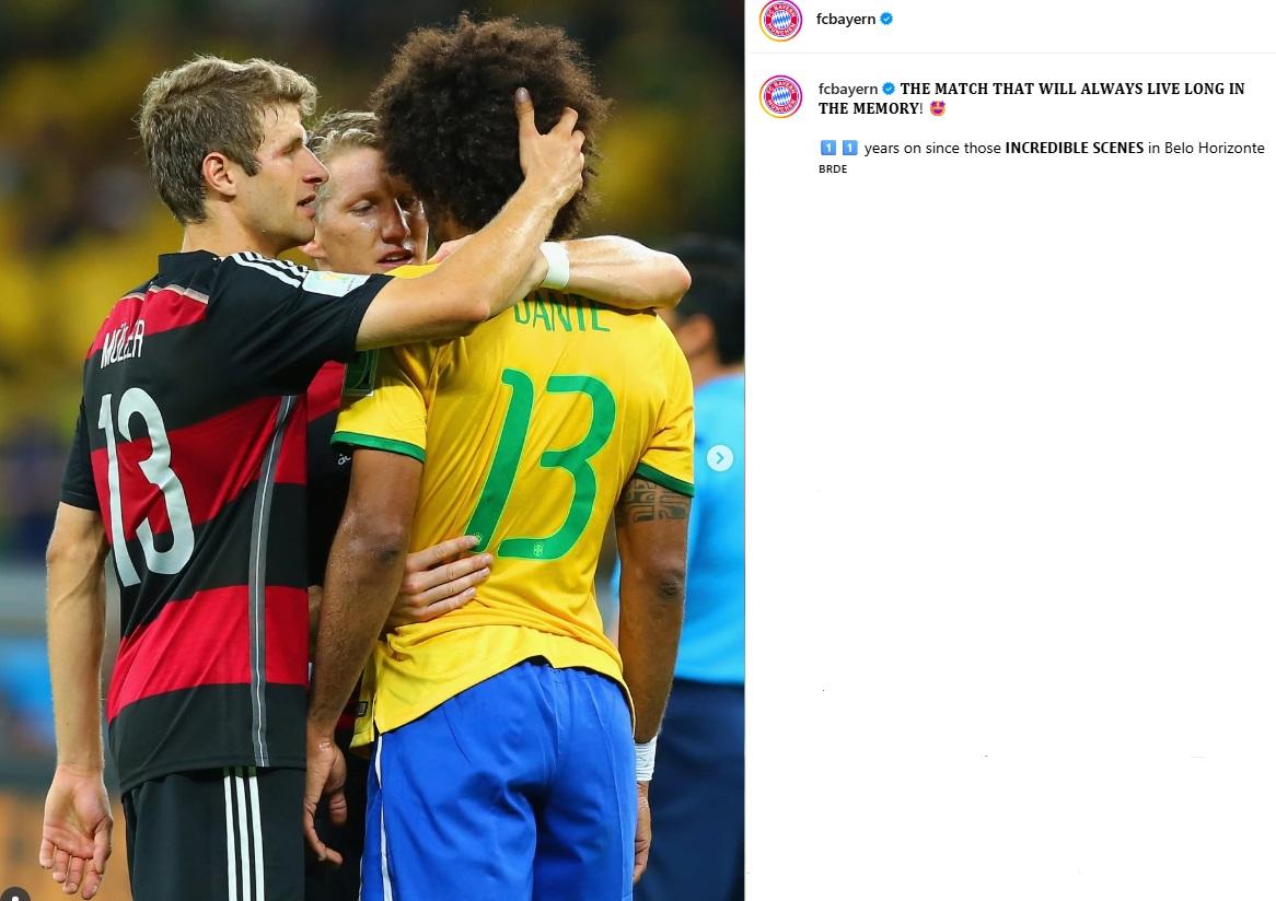 Bayern relembra os 7 a 1 da Alemanha sobre o Brasil na Copa do Mundo de 2014 (Reprodução / Instagram FC Bayern)