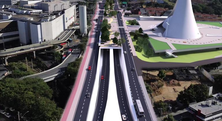 Projeto prevê a implantação de uma trincheira de até 780 metros de extensão no centro da avenida, com boulevard na parte coberta em frente à Catedral Cristo Rei (PBH/Divulgação)