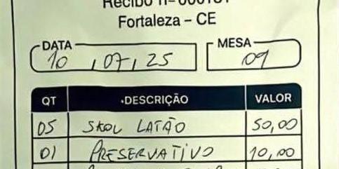 Suposto recibo de cabaré em Fortaleza traz “tarifa Trump” de 50% para turista americano. Autenticidade do documento não foi confirmada. (Reprodução internet)