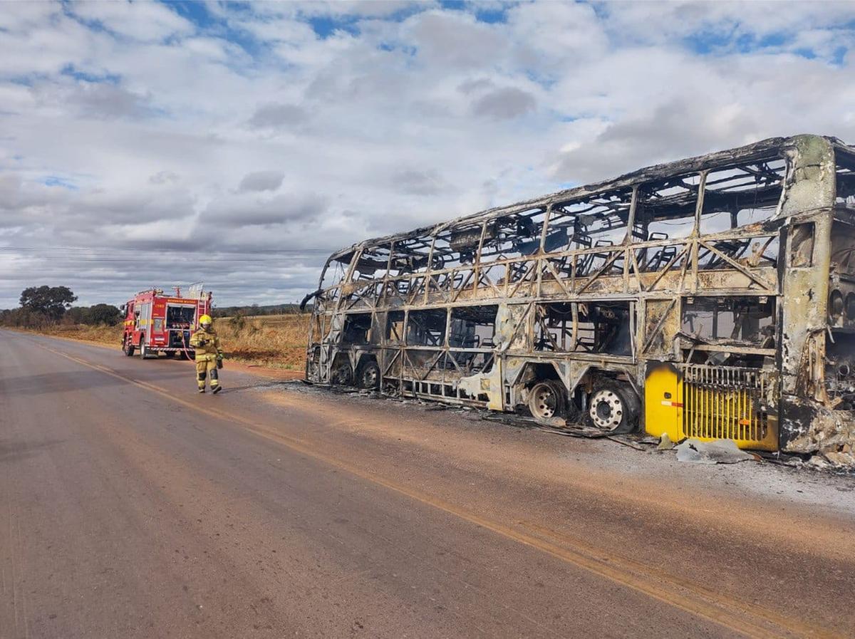 Ônibus fica destruído após pegar fogo na MG-188 (Divulgação / Corpo de Bombeiros)