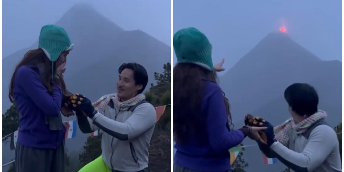Momento do pedido de casamento em frente a um vulcão na Guatemala, que entrou em erupção logo depois e tornou a cena ainda mais inesquecível (Divulgação)