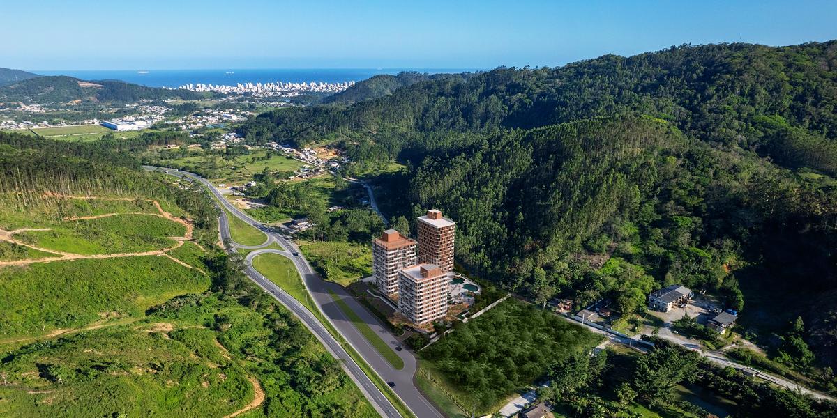 Perspectiva do Amazon Parques & Resorts, em Penha (SC), com arquitetura inspirada na Amazônia e miniusinas fotovoltaicas distribuídas nas torres (Divulgação/Amazon Parques & Resorts)