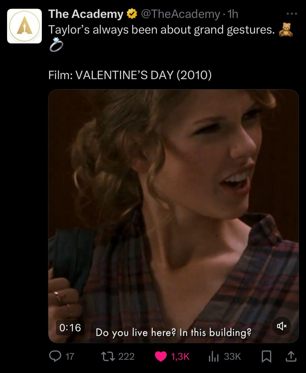Perfil oficial do Oscar recuperou cena de Valentine’s Day (2010), filme em que Taylor fez sua estreia no cinema (Reprodução / The Academy (X))