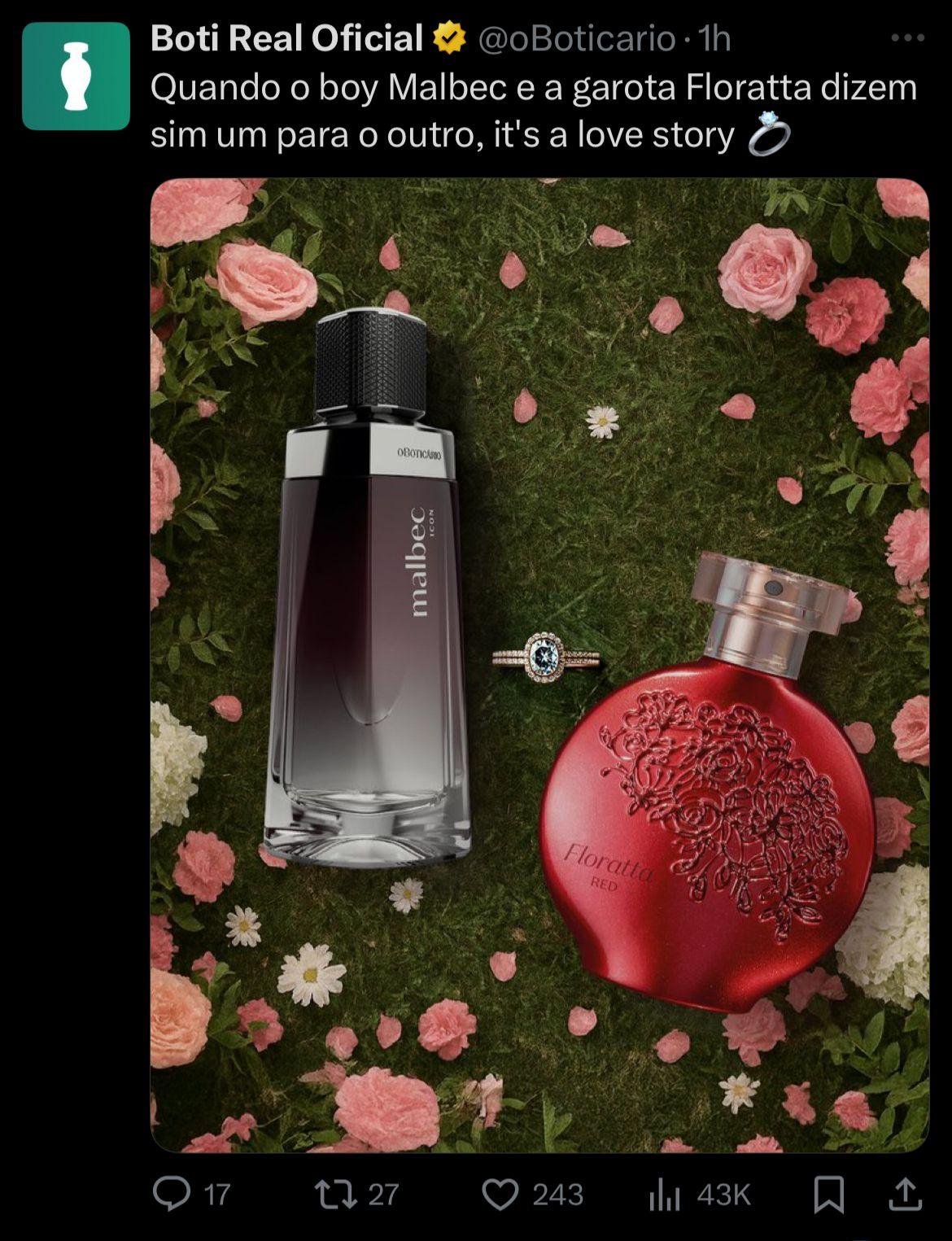 Publicação destacou a química entre os perfumes Malbec e Floratta, apresentados como um par perfeito (Reprodução / O Boticário (X))