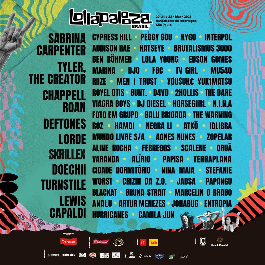Lollapalooza Brasil 2026 divulga lineup com Tyler, The Creator e Chappell Roan inéditos no país, além de retornos como Skrillex e Lorde. Evento acontece em março no Autódromo de Interlagos, SP (Divulgação/Lollapalooza Brasil)