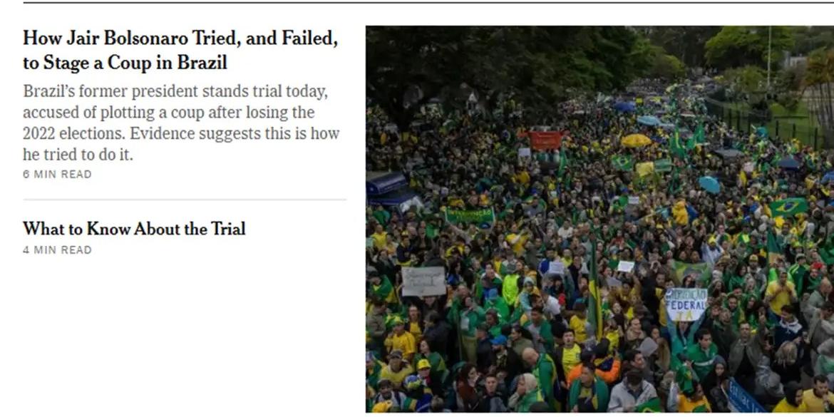 Jornais ressaltaram, entre outros fatos, o caráter inédito do processo no Brasil que, mesmo com longo histórico de golpes de Estado, nunca julgou os acusados de tentar violar o regime político vigente (Print/NY Times)