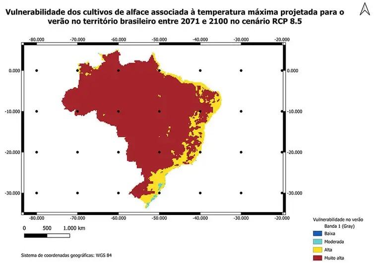 Mapa produzido pela Embrapa mostra risco muito alto para cultivo de alface em cenário pessimista de aquecimento global (EMBRAPA/Divulgação)
