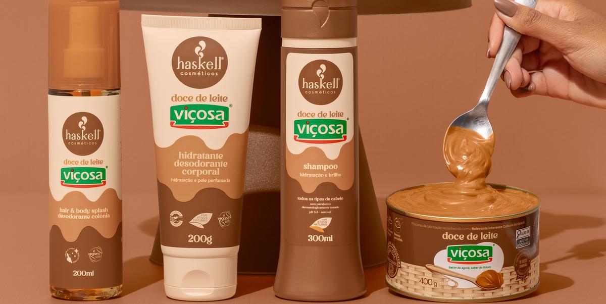 Linha de produtos da colaboração entre a Haskell e o Doce de Leite Viçosa, lançada em edição limitada para celebrar os 25 anos da marca mineira de cosméticos (Haskell/Divulgação)
