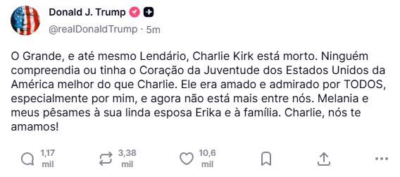 Trump lamentou a morte de Kirk pela rede social Truth (Reprodução/Truth)