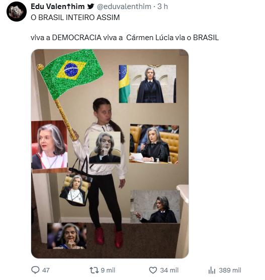 Montagem reúne fotos da ministra com a frase “O Brasil inteiro assim” (Reprodução/X)