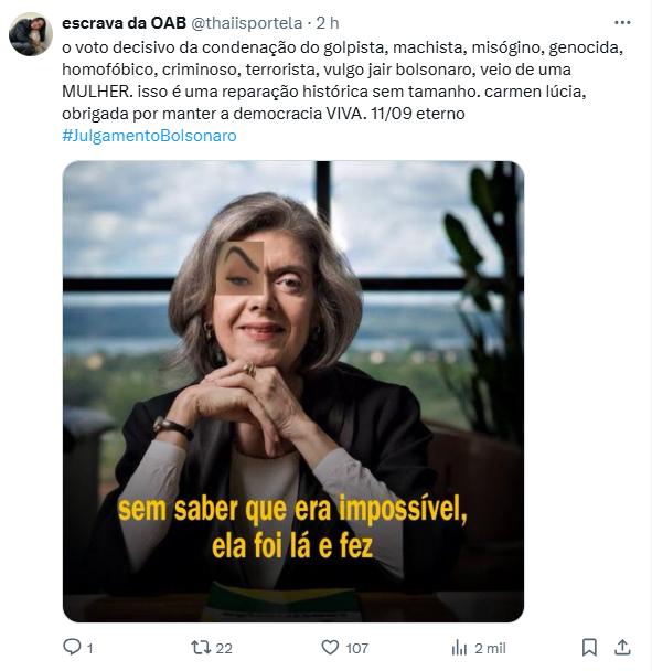 Publicação no X destaca Cármen Lúcia como responsável por manter “a democracia viva” (Reprodução/X)
