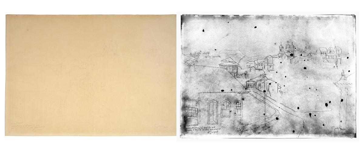 Antes e depois de desenho de Guignard de 1958 recuperado (Museu Casa Guignard / Divulgação)