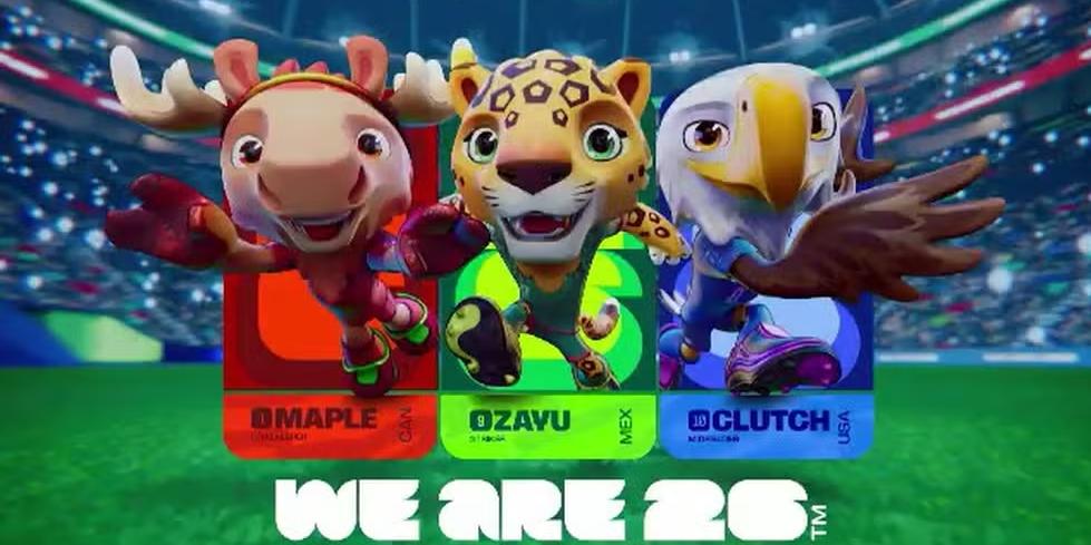 Maple the Moose, do Canadá, Clutch the Bald Eagle, dos Estados Unidos, e Zayu the Jaguar, do México (Fifa/Reprodução)