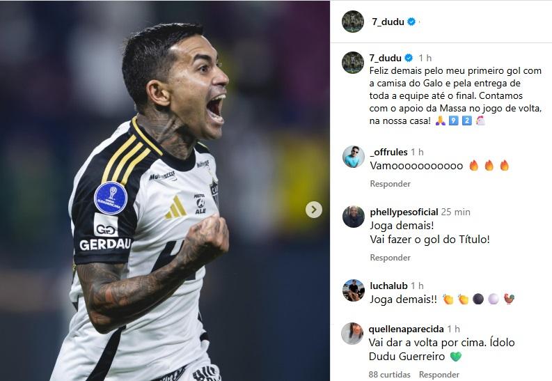 Torcida do Galo invade post de Dudu para celebrar primeiro gol do atacante (Reprodução / Instagram Dudu)