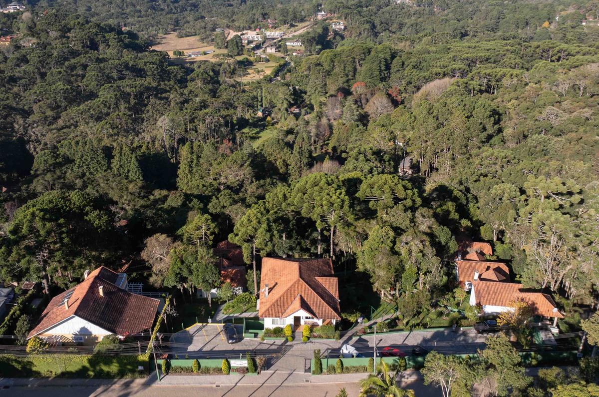 Vista aérea de Monte Verde, distrito de Camanducaia (MG), cercado por densa vegetação de araucárias e pinheiros na Serra da Mantiqueira (Marcio Masulino)