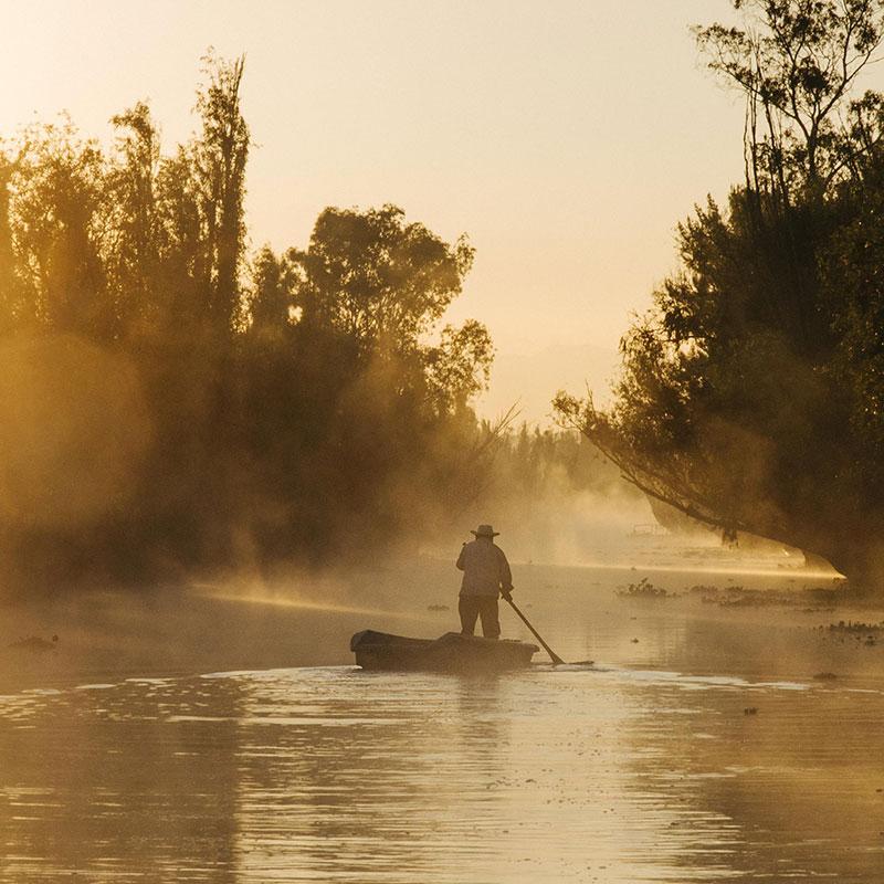 Barqueiro navega pelos canais de Xochimilco ao amanhecer, em meio à névoa que cobre a paisagem. O sistema lacustre, herança asteca, é um dos cenários mais preservados e silenciosos da Cidade do México (Arca Tierra)