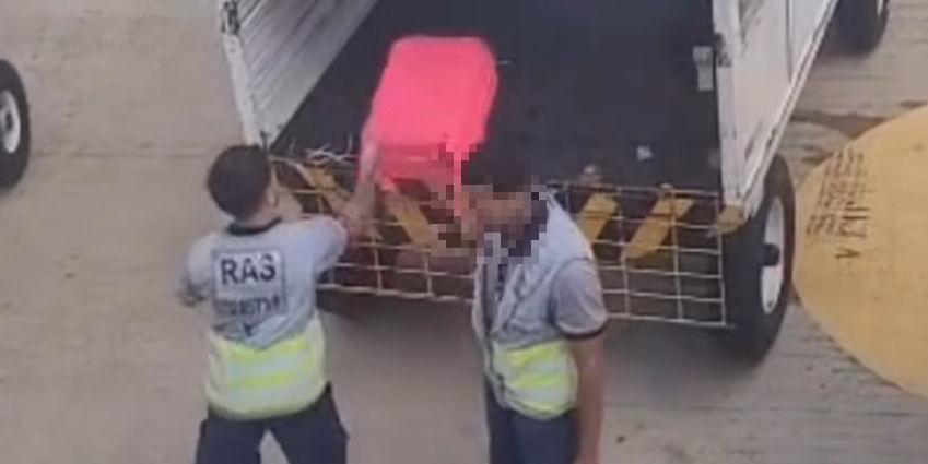 Vídeo que circula nas redes mostra funcionário arremessando malas na área de despacho do BH Airport, em Confins. Repercussão levou a Febtur-MG a divulgar nota de repúdio e cobrar investigação rigorosa (Reprodução)