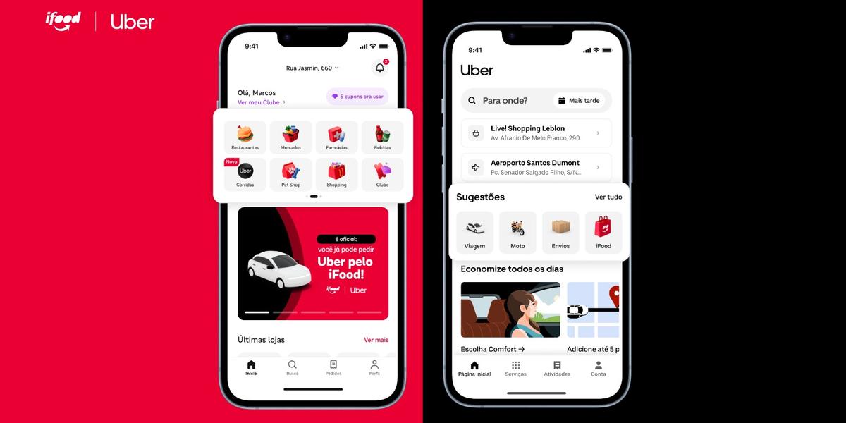 A nova experiência integrada: tela do app iFood exibindo a opção de pedir Uber (à esquerda) e a tela do app Uber com sugestões de serviços (à direita) (Divulgação)