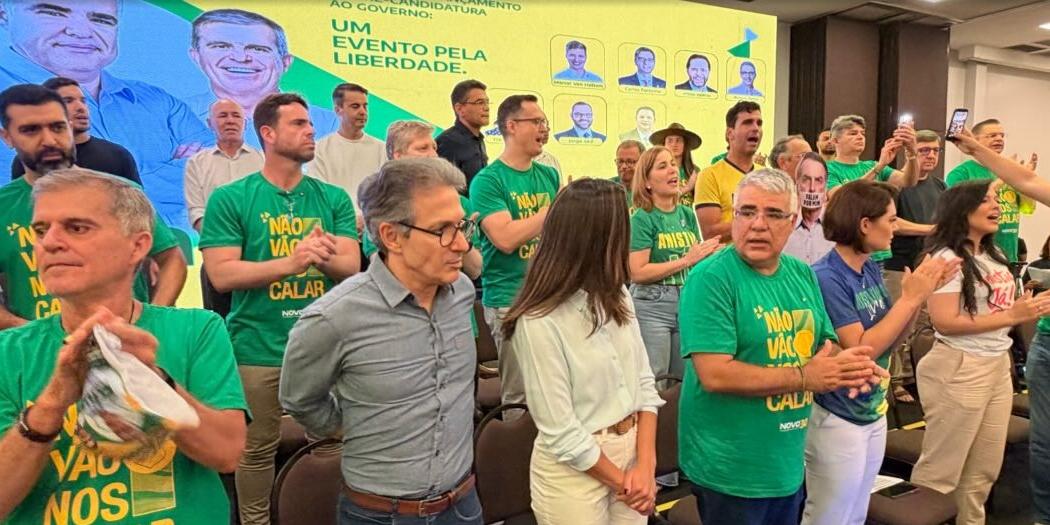 Zema e Michelle Bolsonaro participaram do evento de pré-candidatura do senador Eduardo Girão (Novo) ao Governo do Ceará  (Reprodução/ Redes Sociais @eduardomouratv)