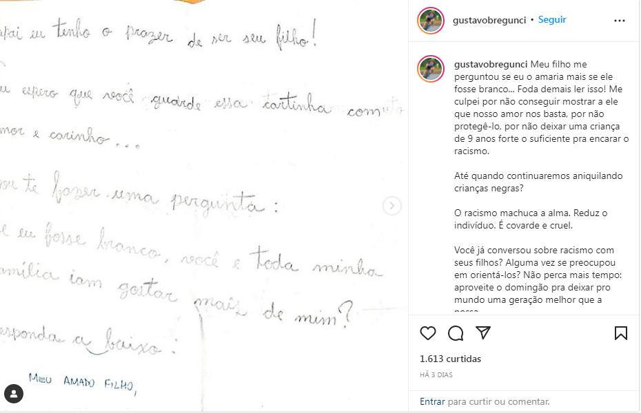 Gustavo Bregunci fez um depoimento sobre o racismo estrutural após receber carta do filho (Instagram / Gustavo Bregunci / Reprodução)