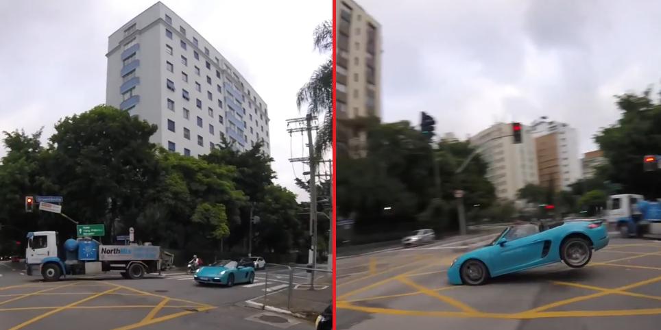Porsche 718 Boxster azul dá um salto após passar por um cruzamento de São Paulo (SP) (Instagram / arcanjo_lg / Reprodução)
