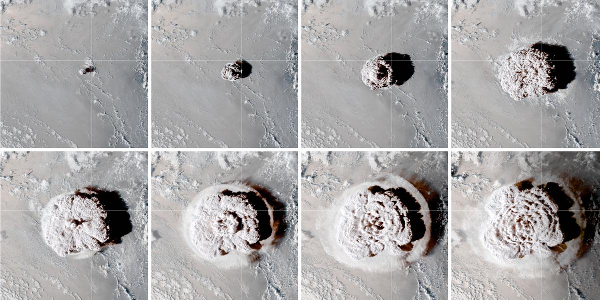 Cinzas da erupção do vulcão em Tonga chegaram a alcançar a mesosfera, a 58 km de altitude (Joshua Stevens / Nasa Earth Observatory / Divulgação)