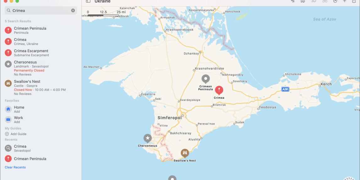 O aplicativo Apple Maps deixa de mostrar a Crimeia como parte da Rússia (Apple Maps / Reprodução)