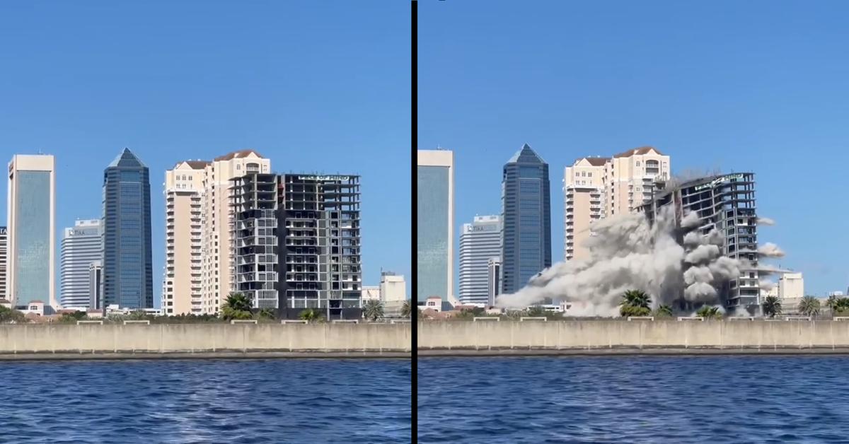 O edifício Berkman Plaza II, na Flórida (EUA)< foi implodido após ficar inacabado por 14 anos (Facebook / stephanie99119911 / Reprodução)